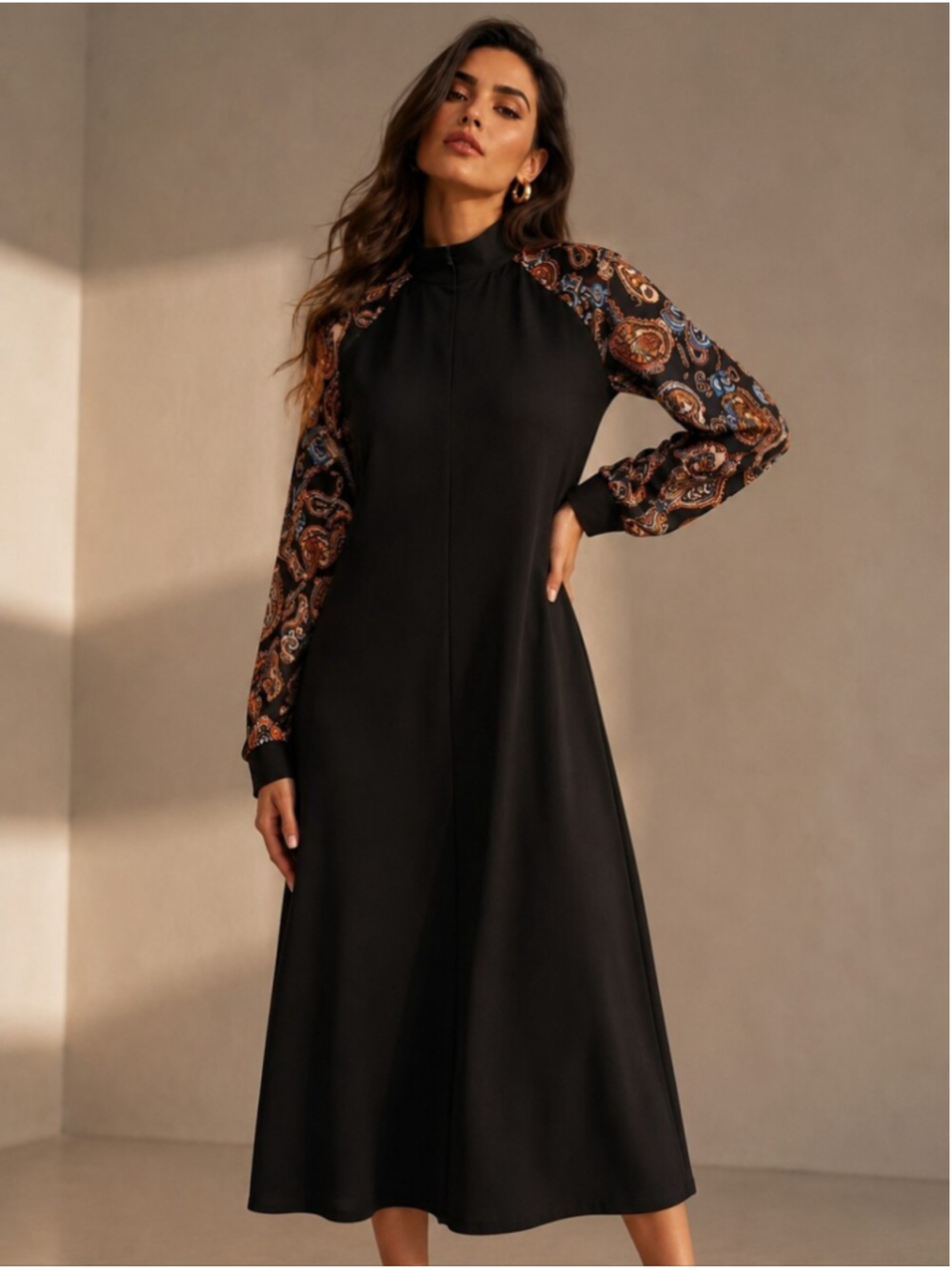 Zara Elegant Black Dress with Paisley Sleeves